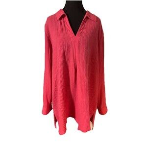 Soft Surroundings Women's XL 100% Cotton Gauze Tunic Shirt Fuchsia Crinkle Top